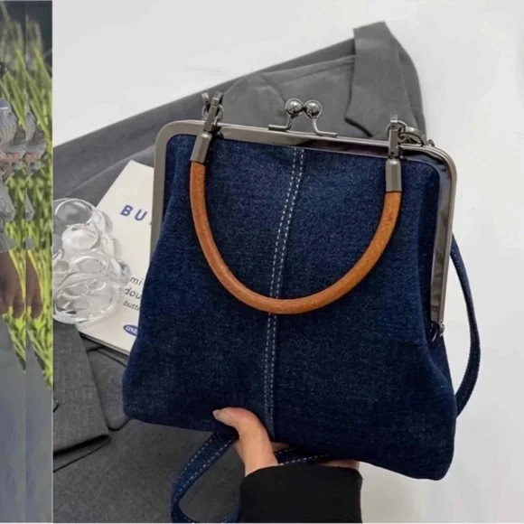 Denim Crossbody Tote Bags, Mini Blue Denim Totebag Kiss Lock Purse new - Picture 3 of 6